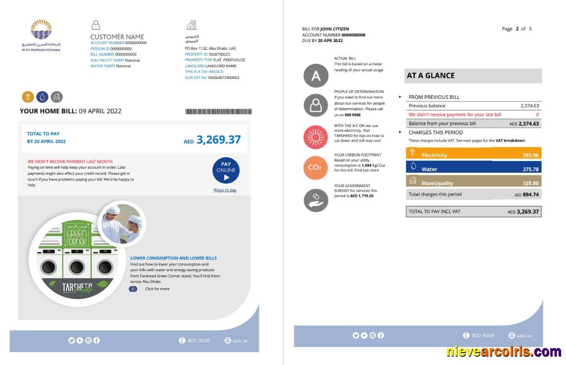 UAE Abu Dhabi Al Ain Distribution Co utility bill 5 pages 1 2